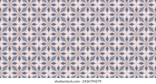 Elegant floral geometric abstract pattern. Seamless background in blue and pink tones. Trendy geo leaf ornament. Delicate texture with diamond shapes, squares, arrows. Repeat design for fabric, decor