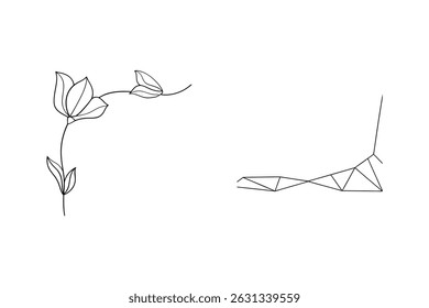 Elegant floral and geometric corner design elements in minimalist black line art