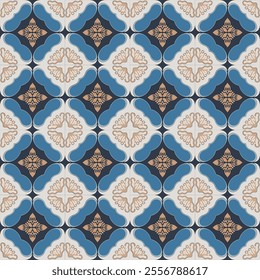 Elegant Floral and Geometric Inspired Seamless Pattern Design, Ideal for Textile, Ceramic Tile, and Wallpaper with Classic Navy Blue and White Colors