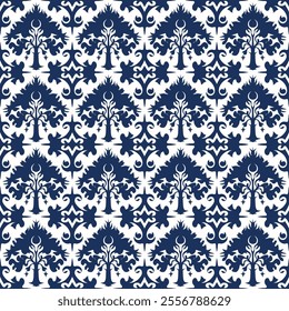 Elegant Floral and Geometric Inspired Seamless Pattern Design, Ideal for Textile, Ceramic Tile, and Wallpaper with Classic Navy Blue and White Colors