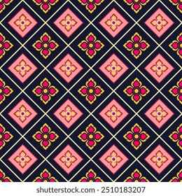 Elegant floral geometric pattern. Seamless  fabric wallpaper. Vibrant pink, red, yellow on dark.Thai-inspired motif. Luxury pattern for fashion. flower in diamond grid. Stylish ethnic textile pattern.