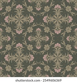 Elegant Floral Geometric Pattern with Soft Pink and Gold Accents on Dark Green Background