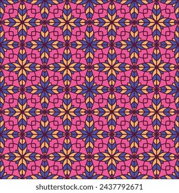 Elegante geometría floral patrón de azulejos vectoriales sin fisuras. Adorno de muestra de patchwork geométrico retro. Flor abstracta que repite el papel pintado de azulejos. Ropa vieja simetría patrón repetitivo.