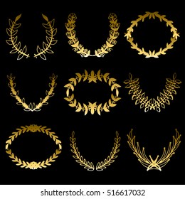 Elegant floral golden laurels set, design elements. Can be used for wedding, baby shower, mothers day, valentines day, birthday cards, invitations, labels, emblems