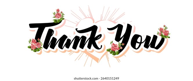 Elegant floral greeting card with text Thank You and decorative elements. Thanks card with creative pink heart and vintage roses. Social media poster. Holiday design