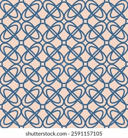 Elegant floral grid ornament. Abstract vector geometric seamless pattern with mesh, lattice, flower silhouettes, curved lines, repeat tiles. Simple blue and beige background texture. Retro geo design