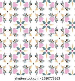 Elegant Floral Heart Motif Design. A charming seamless damask pattern featuring heart-shaped floral motifs in soft pink,gold,teal,and gray against a white background.This vintage-inspired design.