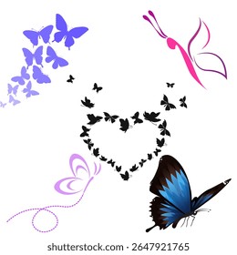 Elegant floral heart shape with purple flowers and a flying butterfly. Romantic and decorative vector for love or wedding themes.