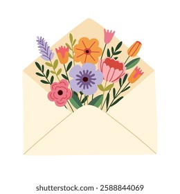 Elegant floral illustration of a bouquet with colorful spring flowers inside an open envelope. Perfect for greeting cards, love letters, romantic designs, and seasonal decorations.