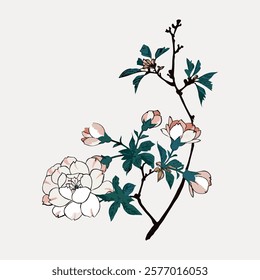 Elegant floral illustration with delicate white and pink flowers. Floral design features intricate petals and green leaves. Beautiful floral art for decor. Vintage art drawing, isolated vector.