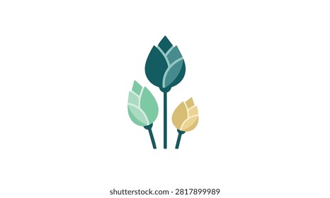 Elegant floral illustration featuring three stylized flowers in blue green and beige with simple shapes suitable for nature garden decor or botanical design