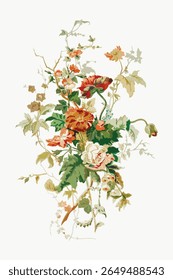 Elegant floral illustration featuring vibrant flowers, lush leaves, and intricate vines. The floral design showcases a variety of flowers and detailed foliage. Vintage flower illustration vector.