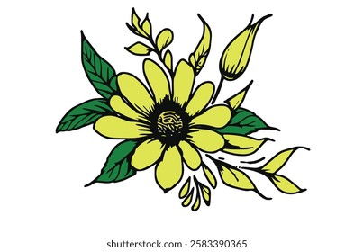 "Elegant floral illustration featuring yellow flowers with green leaves. Suitable for greeting cards, invitations, decorations, and artistic designs."
