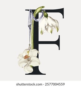 Elegant floral illustration with a large letter 'F'. Features white flowers, green stems, and delicate petals. Perfect for floral-themed designs and decor. Isolated vintage vector element.