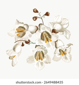 Elegant floral illustration of white flowers with delicate petals. The flowers are beautifully detailed, intricate patterns and soft colors. Floral elegance. Vintage flower illustration vector.