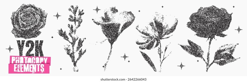 Elegant floral illustrations highlight the Y2K aesthetic, featuring a variety of flowers such as roses and wildflowers. Each design combines intricate details and a vintage vibe, emphasizing beauty.