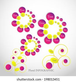 Elegant floral infographic element. Flower's stylized petals include numbers and text and can illustrate some list of data that has different priority. You can also use its leafs for your data.