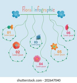 Elegant floral infographic elements with 6 multicolor flowers with text in its stalks for information. 