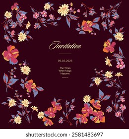 Elegant Floral Invitation with Vibrant Impressionist Flowers on Dark Maroon Background