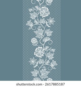 Elegant floral lace border design with intricate white flowers and leaves on a teal background. Vertical ornamental pattern suitable for fabric, fashion, wedding decorations, or textile print. 