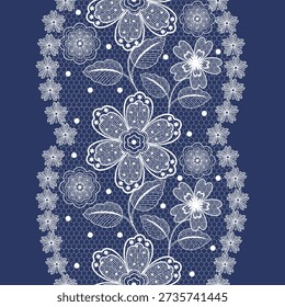 Elegant floral lace pattern with delicate white line art on deep blue background. Seamless vertical design inspired by European textile and classic wallpaper for luxury interior and fabric use.