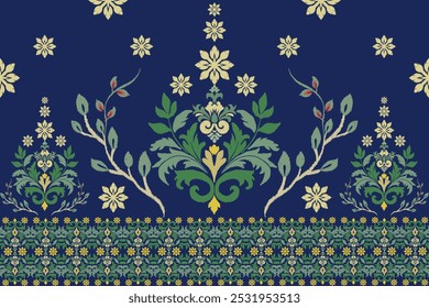 Elegante patrón floral y frondoso con acentos verdes y amarillos sobre fondo azul marino, inspirado en el arte tradicional de Folk y Diseños botánicos ornamentales para la decoración del hogar y textiles de moda