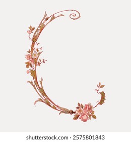 Elegant floral letter C design with flowers and vines. Floral letter C features delicate pink flowers. Perfect for floral-themed decor or invitations. Vintage art drawing illustration vector.