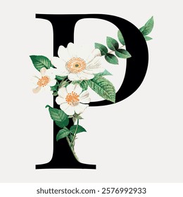 Elegant floral letter P design with white flowers and green leaves. Botanical letter P with intricate floral details. Perfect for floral-themed decor. Vintage illustration isolated on white, vector.