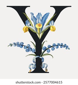 Elegant floral letter Y design with blue and yellow flowers. Botanical art featuring intricate floral patterns. Perfect for floral-themed decor and design. Isolated vintage vector element.