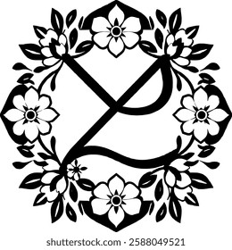 Elegant Floral Letter Z Monogram: Vintage Black and White Design