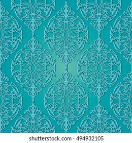  Elegant floral light blue vector seamless pattern background wallpaper illustration with vintage decorative  volumetric 3d line art ornaments. Stylish surface decor with shadows and highlights