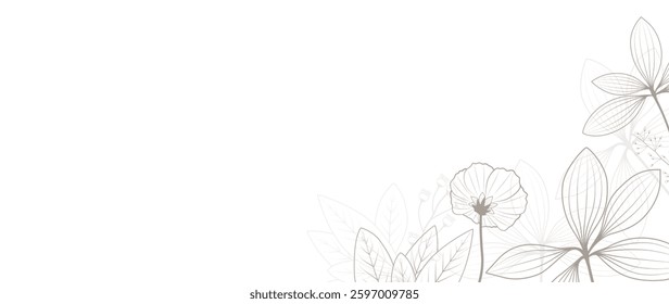 Elegant floral line art background. Botanical template design with flowers, leaves and branches. Vector illustration