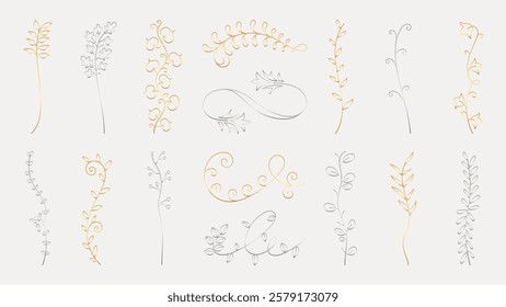 Elegant floral line art with gold and gray accents. Delicate flower designs, floral motifs, and floral patterns in a minimalist style. Perfect decor. Hand drawn ornament vector set.