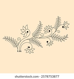 Elegant Floral Line Art Illustration with Curved Leaves and Flowers on Beige Background