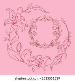 Elegant Floral Line Art Illustration Featuring Lilies and Bouquet on Soft Pink Background