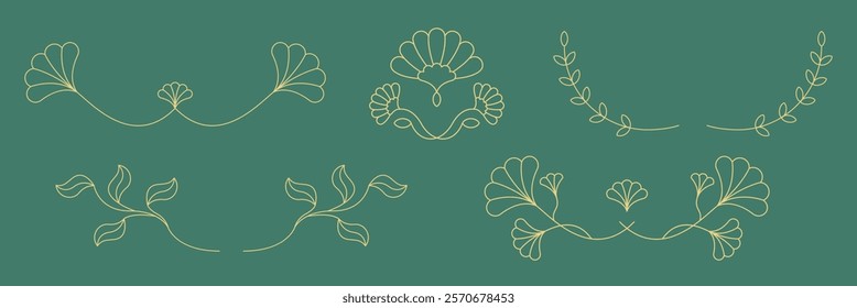 Elegant floral line art with leaves and petals. Delicate floral designs, floral motifs, and floral patterns in a graceful, minimalist style. Decorative divider elements, vector set.