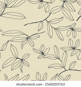 Elegant Floral Line Art Seamless Pattern on a Light Beige Background