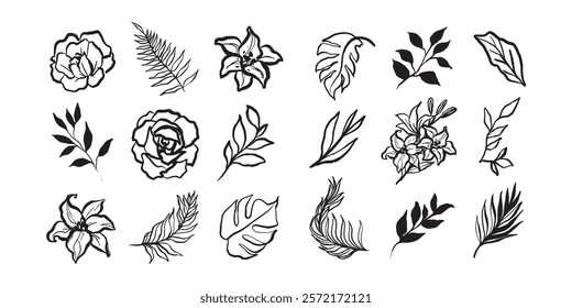 Elegant floral line art with various leaves and flowers. Floral designs on a brown background. Perfect for floral-themed projects and floral decorations. Aesthetic hand drawn nature element vector set