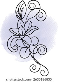 Elegant floral line art with watercolor background. Flower, leaves, and swirls design.