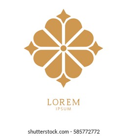 Elegant floral logo. Abstract vector, graphic sign. Gold and white pattern