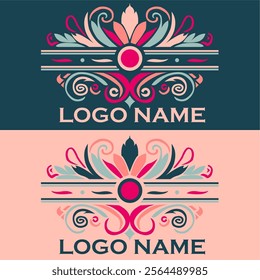 Elegant floral logo design featuring intricate swirls, petals, and ornamental patterns in contrasting color schemes. Perfect for branding, luxury packaging, boutique businesses, or artistic projects.