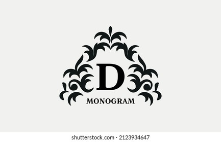 Elegant floral logo design template for letter D. Calligraphic dark elegant ornament on white background. Business sign, identity monogram for restaurant, boutique, hotel, heraldic, jewelry.