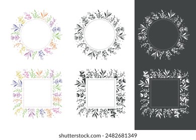 Elegant floral logo elements. Borders and dividers, frame corners, and branch leaves for invitation save the date card. Botanical rustic trendy greenery
