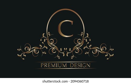 Elegant floral logo with a letter in the center of C. Exquisite templates for invitations, menus, labels. Wedding monogram. Monogram identity for restaurant, hotel, heraldic, jewelry.