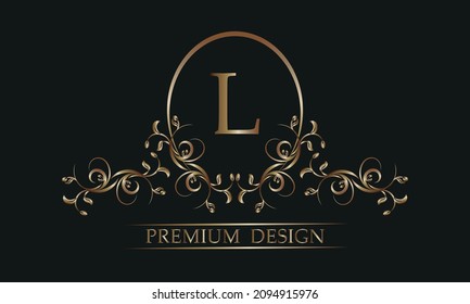 Elegant floral logo with a letter in the center of L. Exquisite templates for invitations, menus, labels. Wedding monogram. Monogram identity for restaurant, hotel, heraldic, jewelry.