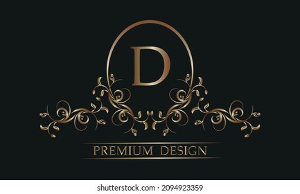 Elegant floral logo with a letter in the center of D. Exquisite templates for invitations, menus, labels. Wedding monogram. Monogram identity for restaurant, hotel, heraldic, jewelry.