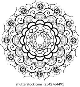 Elegant Floral Mandala with Delicate Petals and Swirls in Black and White, Perfect for Coloring Pages, Meditation Art,
 Boho Decor, Tattoo Designs, Mindfulness Practice, and Nature-Inspired Wall Art
