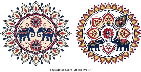Elegant floral mandala designs featuring adorable elephant silhouettes and intricate patterns.