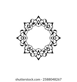 Elegant Floral Mandala Frame: Circular Pattern Design, Decorative Ornament, Black and White Vector Art, Vintage Style, Symmetrical Background, Ideal for Invitations and Logos