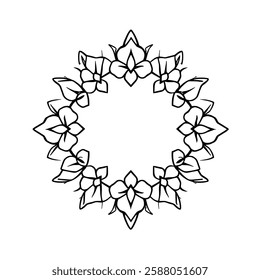 Elegant Floral Mandala Frame: Circular Black and White Flower Design. Perfect for invitations, logos, and decorative projects.